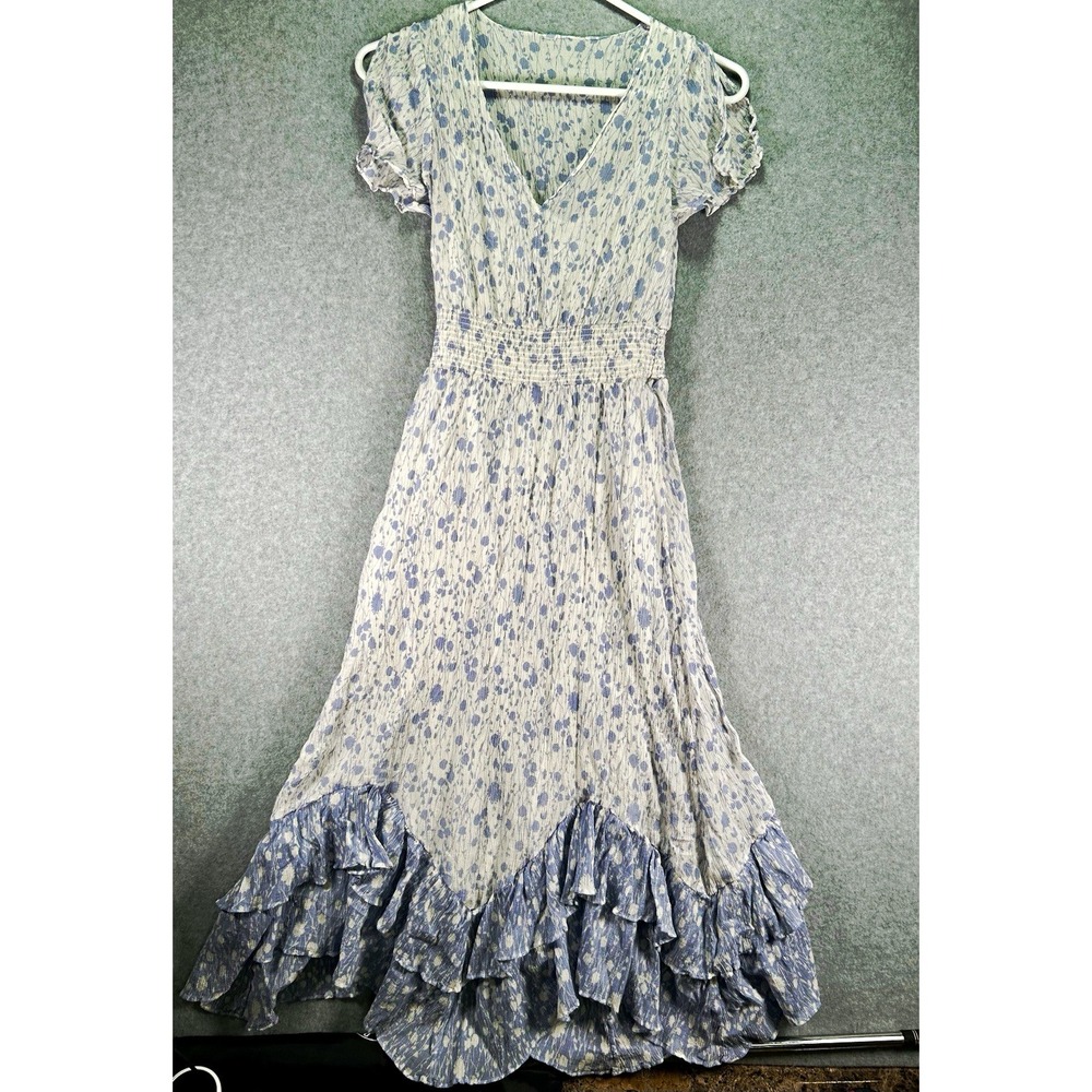 Club Monaco White Blue Floral V-Neck Smocked Waist Midi A-Line Dress Womens 2